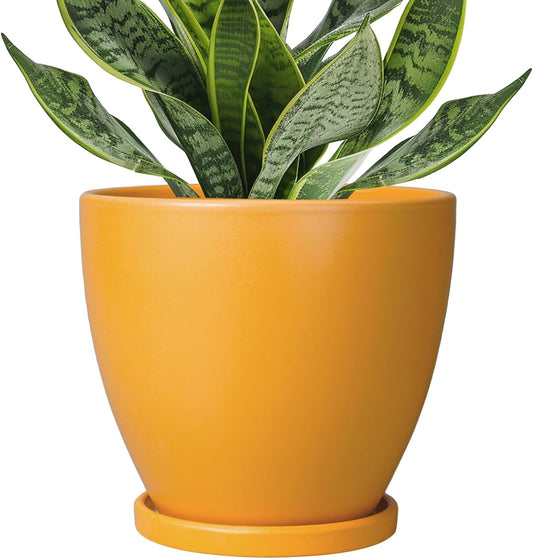 6.8 Inch Plant Pot - Ceramic Planter with Drainage Hole and Saucer, Modern Round Flower Pot, Planters for Indoor Plants, Home Garden Decor, Orange