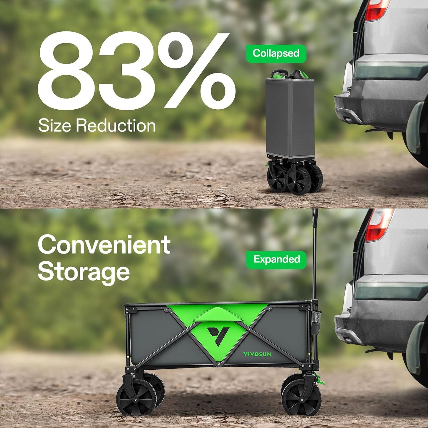 VIVOSUN Collapsible Folding Wagon, Outdoor Utility with Silent Universal Wheels, Cup Holders & Side Pockets, Adjustable Handle, for Camping, Garden, Sports, Picnic, Shopping, 220LBS, Grey & Green
