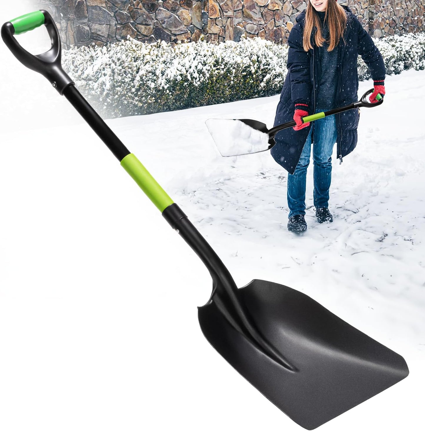 IDZO Aluminum Steel Scoop Shovel Heavy Duty, Ideal Height 44 1/2 Inches Metal Shovel with Strong Aluminum Steel Wide Blade, Durable Grain Shovel, Fiberglass D Handle with Ergonomic EPE Foam Grip