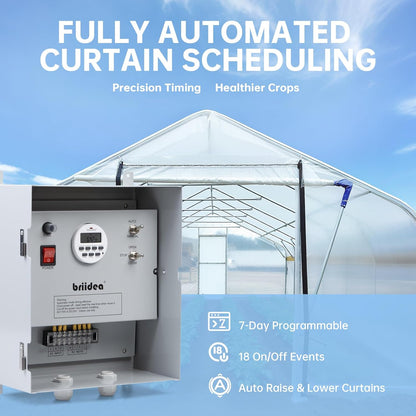 Briidea Greenhouse Roll Up Motor Timer Controller, 7-Day Programmable, AC110V to DC24V Transformer, Auto/Manual Modes, Dual Output for Side & Roof Curtain Film Roll-Up, IP65 Waterproof