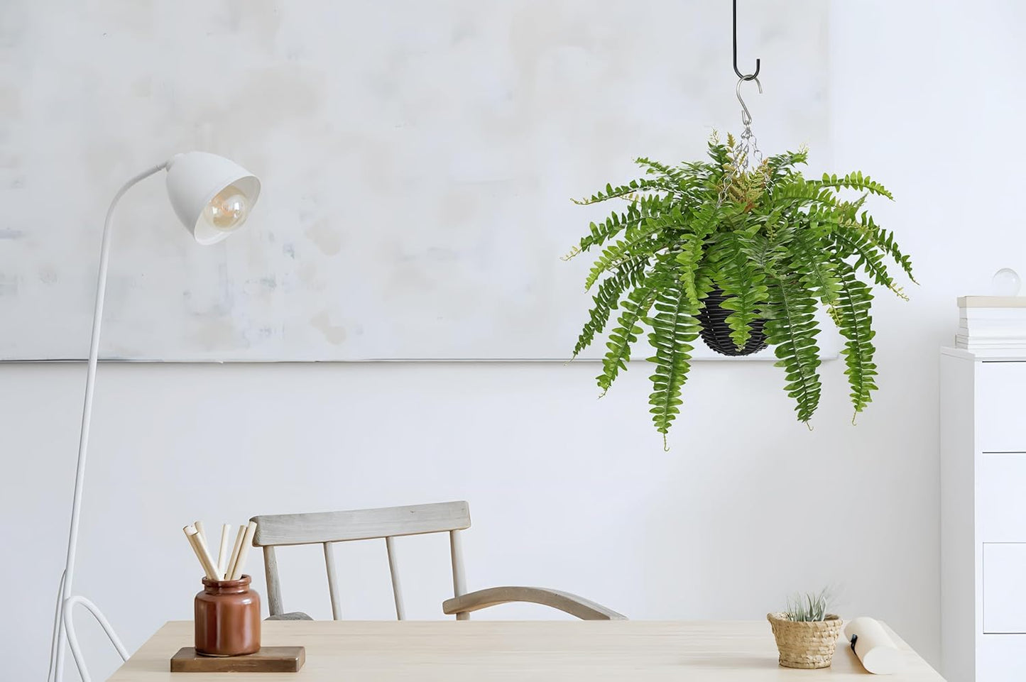 Hollyone Artificial Fern Hanging Basket Plant 25" Boston Ferns 31 Leaves Greenery Plants with Rattan Pot for Outdoors & Indoor Fake Fern Bush Plant in Pot for Patio Entrance Porch Garden Decor Green