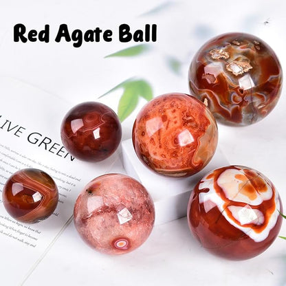 JIC Gem 2.7-3.1 inch(70-80mm) Large Red Agate Crystal Ball Round Healing Crystals Decorative Sphere with Wooden Stand Meditation Witchcraft Home Decor