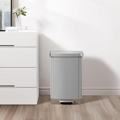 EKO Hudson Matte Stainless 50 Liter/13.2 Gallon Step Trash Can with Rear Trash Bag Storage Compartment