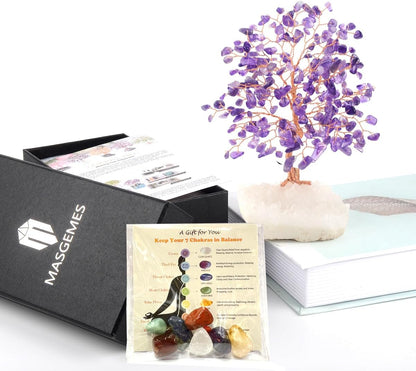 Amethyst Crystal Tree With Clear Quartz Cluster Base, Chakra for Home Decor, Healing Crystals Feng Shui Bonsai Money Positive Energy 5.5-6.3 Inches