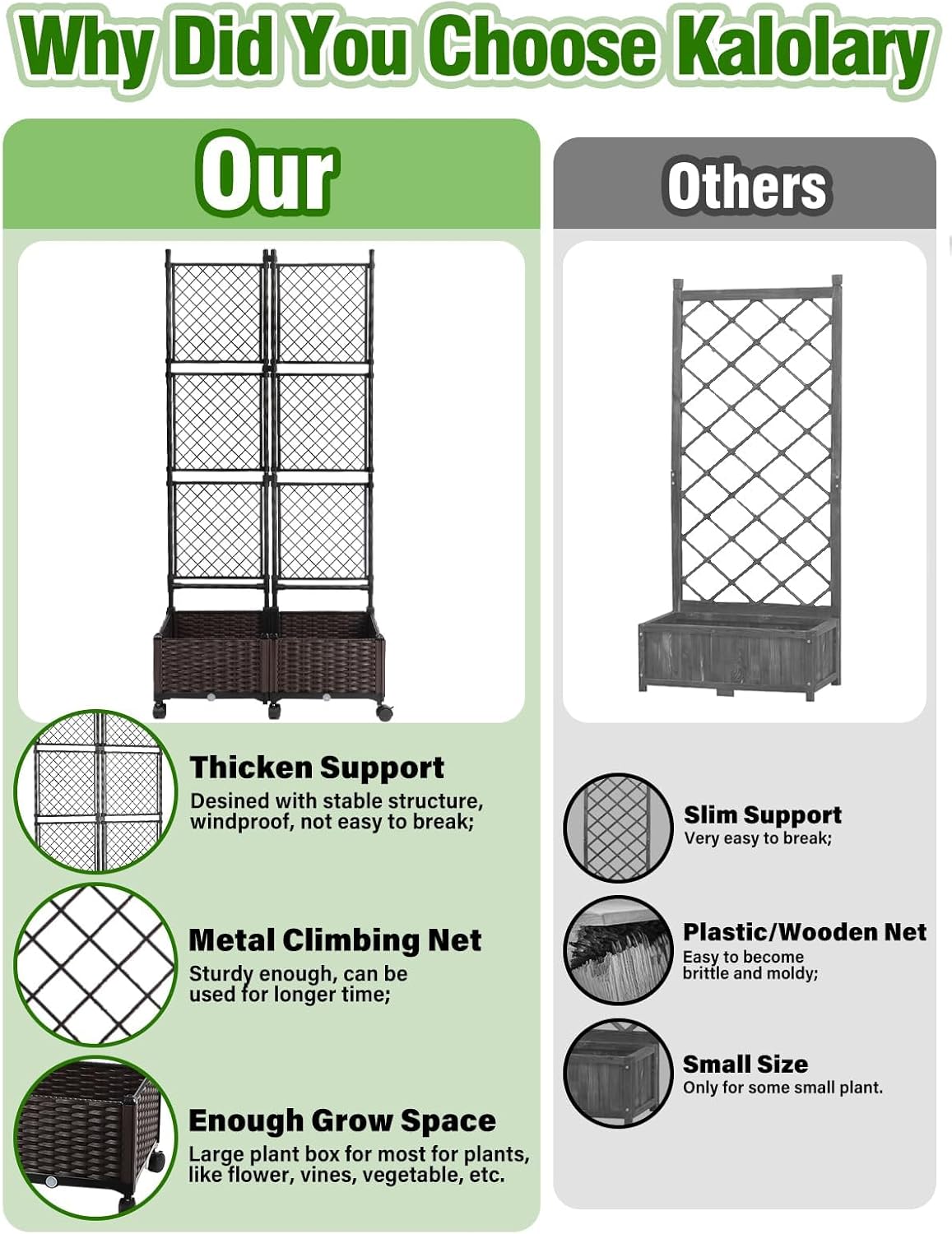 Kalolary 170CM Raised Garden Bed with Metal Trellis, Large Plastic Planter Box with Drainage Hole on Wheels Tomato Planters Climbing Trellis Outdoor Indoor for Climbing Plants Vegetable Flowers Vine