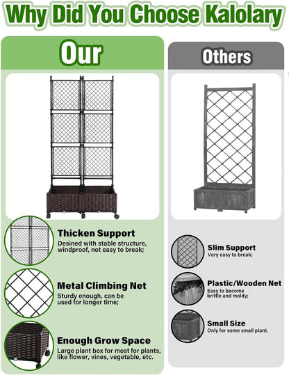 Kalolary 170CM Raised Garden Bed with Metal Trellis, Large Plastic Planter Box with Drainage Hole on Wheels Tomato Planters Climbing Trellis Outdoor Indoor for Climbing Plants Vegetable Flowers Vine