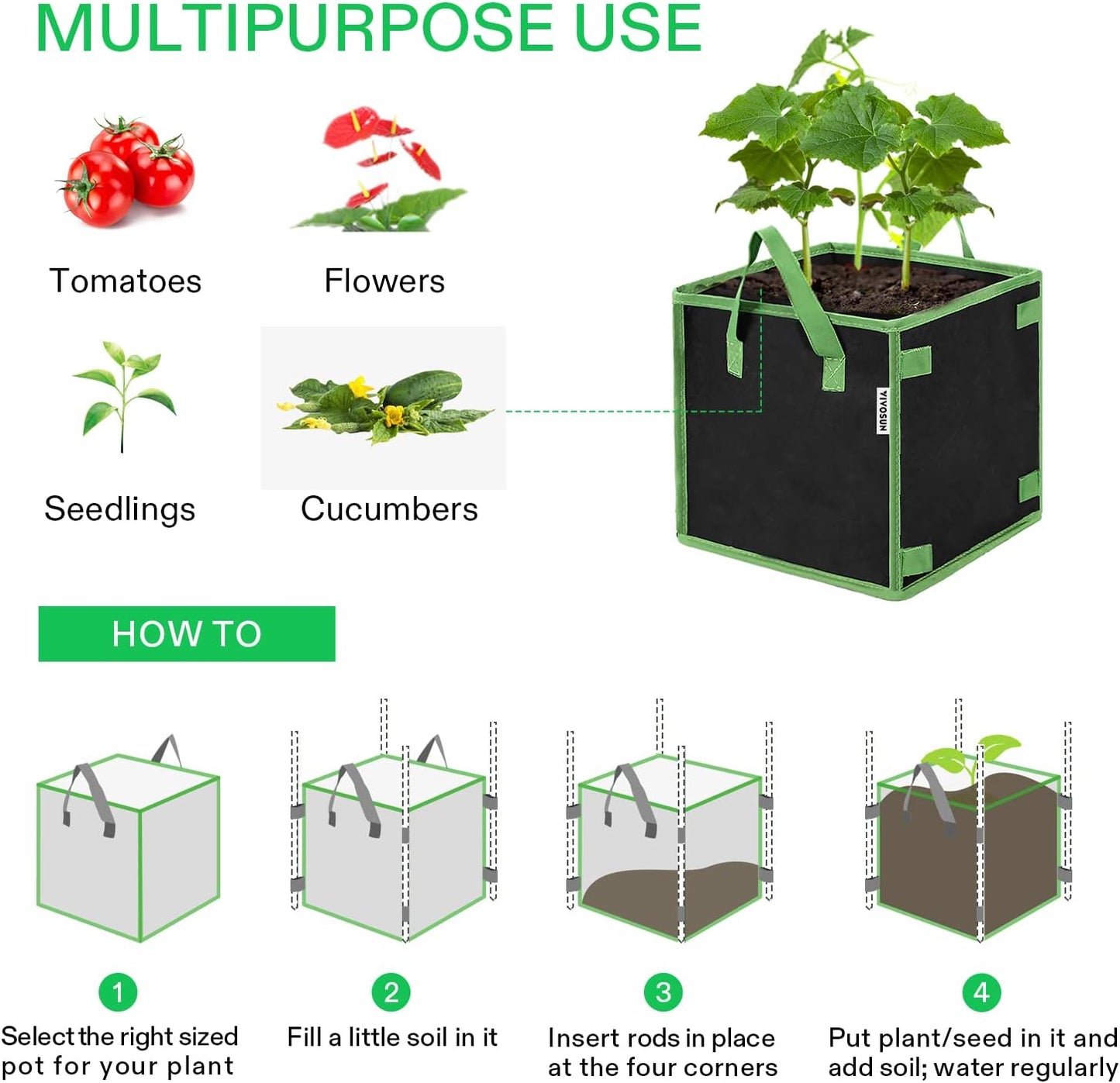 VIVOSUN 5 Pack 3 Gallon Square Grow Bags, Thick Nonwoven Cubic Fabric Pots with Handles for Indoor and Outdoor Gardening