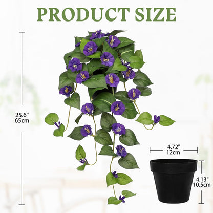 Briful Artificial Hanging Flowers in Pot 25.6" Faux Silk Morning Glory Flower Vine with Cascading Greenery Fake Hanging Plants for Home Office Bathroom Table Shelf Decor(Purple)