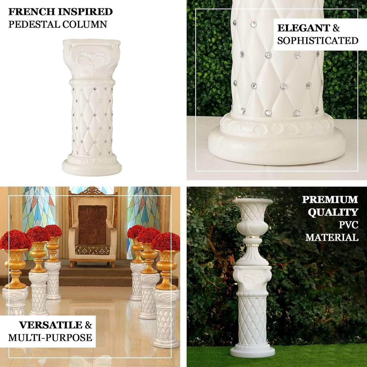 Efavormart 2 Pack 25" Tall White PVC 10mm Crystal Beaded Studded French Inspired Pedestal Column Stand for Floral Arrangements, Wedding, Aisle Decor, DIY Background Designing
