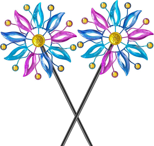 2PCS Metal Wind Spinner Outdoor, Windmill Garden Decorations, Kinetic Wind Spinners Colorful Wind Sculpture Yard Art for Garden Patio Lawn Decor (2PC Single Turn B)