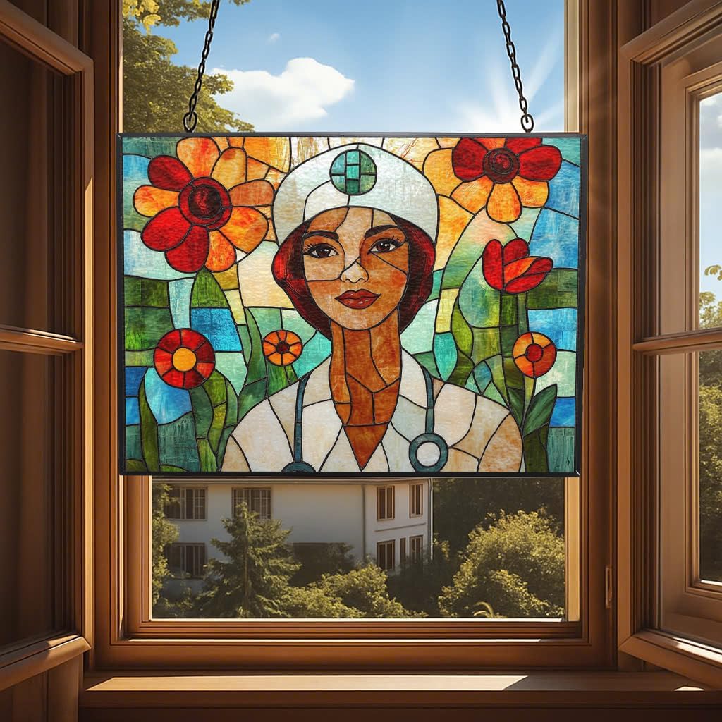 Rectangle Boho Nurse Stained Glass Suncatcher Window Hangings, Suncatchers Colorful Glass Panel Sun Catchers Gifts, Decoration for Home Garden Christmas Party Wedding