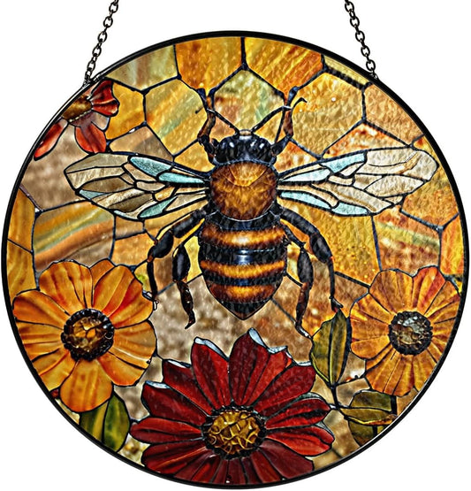 6" Bee Honeycombs Stained Glass Suncatchers Art Glass Insect Flowers for Sun Catcher Indoor Window Gifts for Pet Insects Animal Nature Floral Lovers Women Grandma Mom Friend Panel Décor BUG-08C-SG6