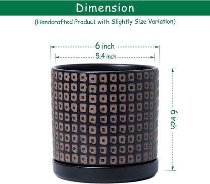 D'vine Dev Set of 2 Ceramic Planter Pots with Drainage Hole and Saucer, 6 Inch Plant Pots for Plants Indoor Houseplants, Black, 99-Z-A-2-Y