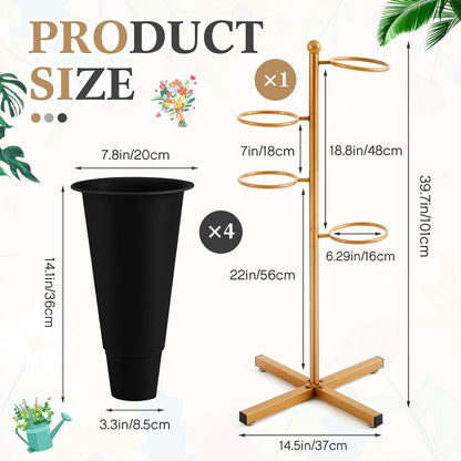 Flower Display Stand with 4 Plastic Buckets, Rotatable Metal Flower Stand Gold Plant Stands 4 Tier Florist Shelf Plant Cart for Patio Garden Living Room Indoor Outdoor Home Decoration (Black)