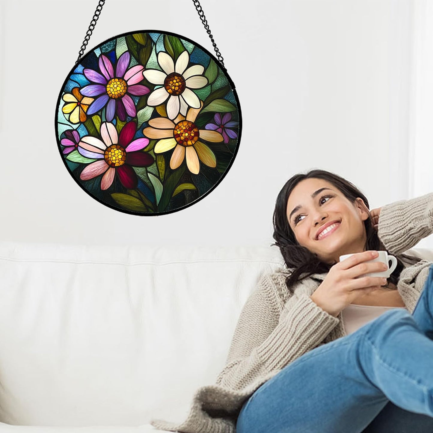 Stained Glass Window Hanging - Colorful Daisies Suncatcher for Door Garden Patio Retro Flower Sun Catchers Decor Christmas Mother's Day Birthday Gifts for Women Mom Nana Aunt Friend 11.8 in