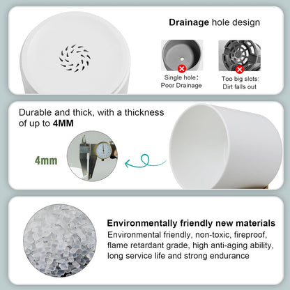 5 Pack Cylindrical Flower Pots with 7/6.5/6/5/4 inch, Modern Small Plastic Plant Pots with Drainage Holes & Saucers, Round Planter Pots for Outdoor, Indoor & Office Decor (White Brown)