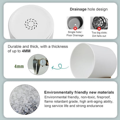 3 Pack 6/5/4 inch Cylindrical Flower Pots, Modern Small Round Plastic Plant Pots with Drainage Holes & Saucers, Clean and Refined Planter Pots for Outdoor, Indoor & Office Decor (White Brown)