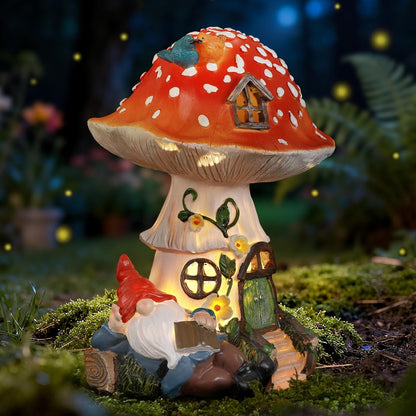 Solar Mushroom Gnome Reading Light, Weatherproof Resin Fairy Garden Figurine Decor Auto On/Off - Book Lover Gift for Pathway & Patio