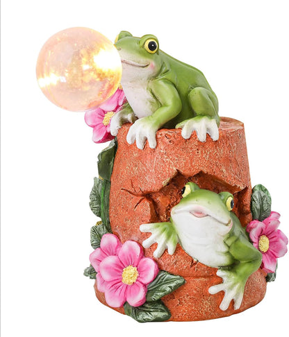 Afirst Solar Garden Outdoor Statues Frog Solar Garden Statue Blowing Bubble with Flowers Waterproof Resin Figurines Yard Outdoor Decorations for Patio Yard Lawn Ornament Gifts