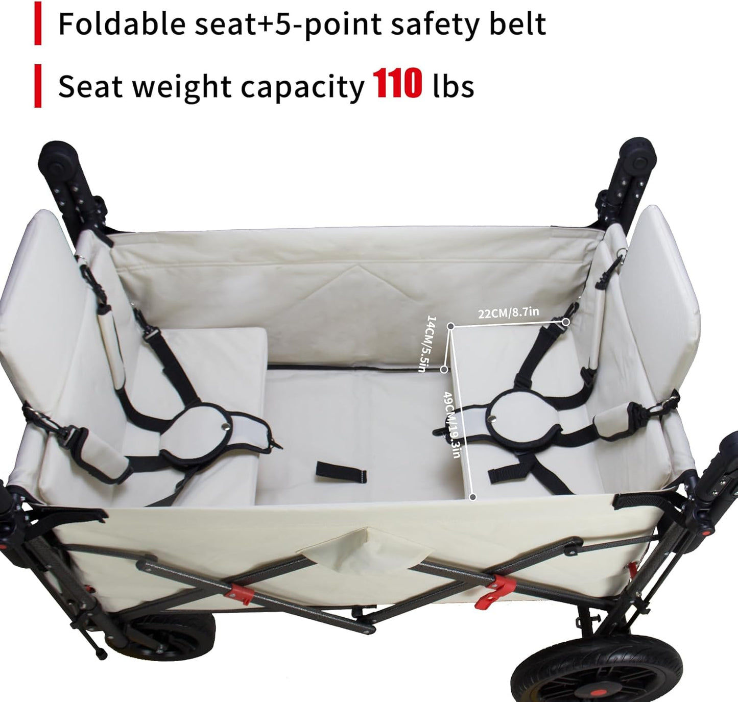 Foldable Wagon with Canopy - Collapsible Utility Cart with 2 Seats & Belts, Adjustable Handle, Expandable Front for Camping, Picnic, Shopping (Beige)