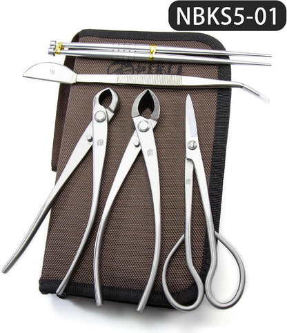 Small Size TianBonsai Bonsai Tools 5-Piece Alloy Steel Bonsai tool Kit In Cluding 180mm Long Handle Scissors / 180mm Branch Cutter / 180mm Knob Cutter / 200mm Straight Root Hook/Tweezers (NBKS5-01)