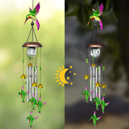 Solar Wind Chimes for Outside, 33.5 Inch Hummingbird Wind Chimes Outdoors with Crackled Glass Ball Decorative Hanging in Garden, Yard, Patio