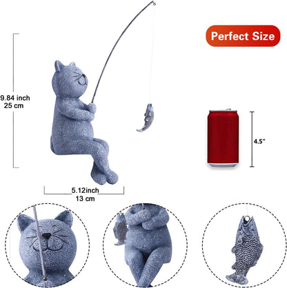 Goodeco Fishing Cat Garden Statue – 10" Little Cat Fisher for Garden Pond Decor, Poolside Statue with Glow in Dark Pebbles Included,Great Gifts for Mom, Women & Birthdays (Cat)