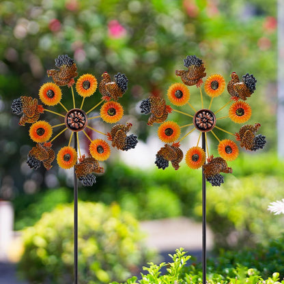 VEWOGARDEN 2PCS Wind Spinners Outdoor, Metal Wind Spinners with Sunflower and Hen Design for Yard Garden Lawn Thanksgiving Decorations