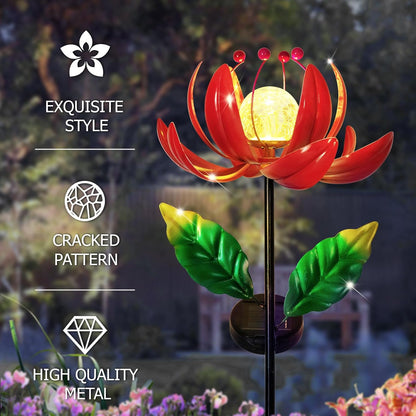 Solar Lights Outdoor Wind Spinners, Metal Lotus Flower Garden Decor with Waterproof LED Crackle Glass Globe for Patio Lawn Yard Outdoor Decor