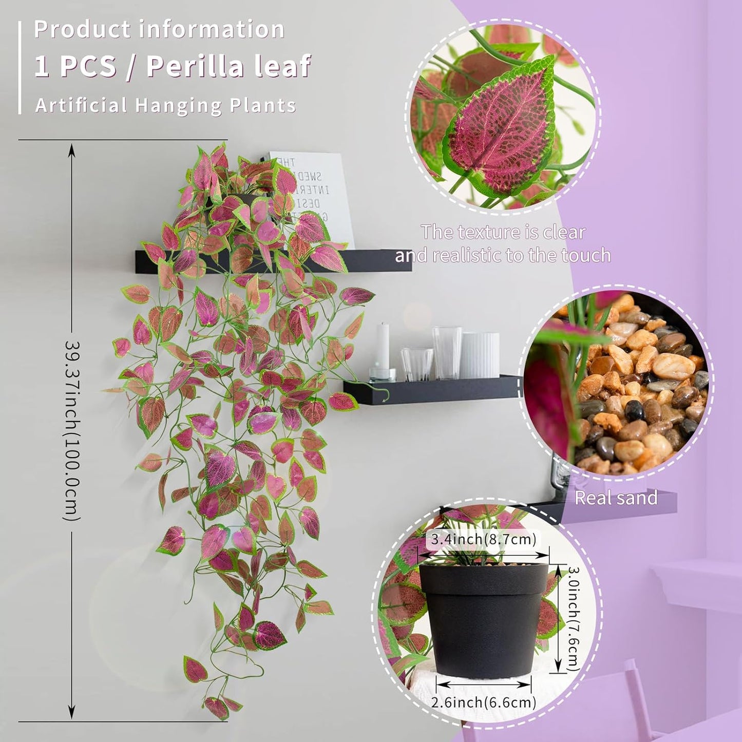 LOYWREE Artificial Purple Ivy Hanging Vine Plants - Small Potted Long Trailing Cascading Foliage, Gothic Home Decor for Indoor/Outdoor, Office, Garden & Shelf (Black Pot Included)