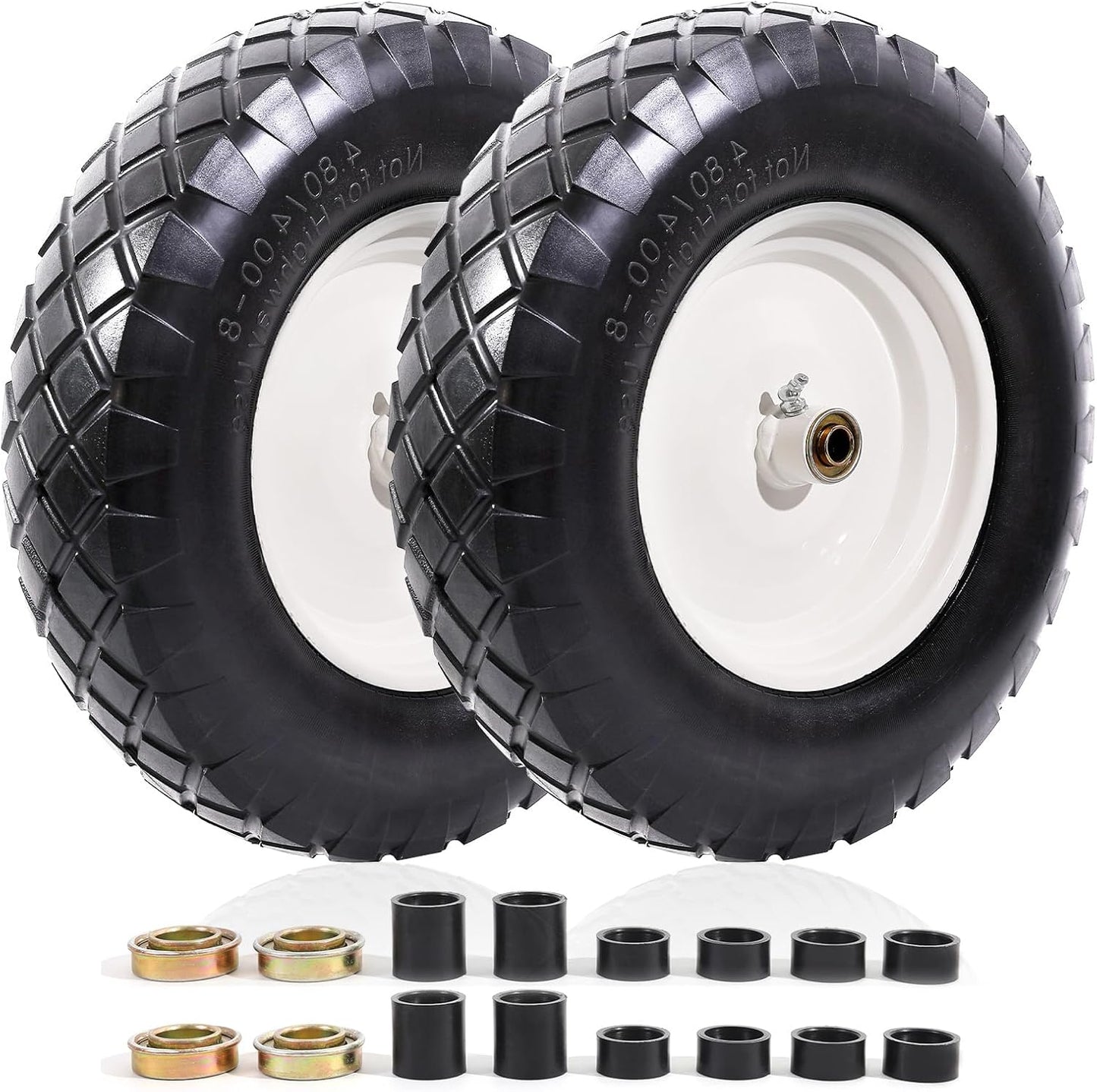 MZREXN 4.80/4.00-8" Flat Free Tire and Wheel, 16" Universal Solid Wheelbarrow Tires, with 5/8" & 3/4" Bearings, 3" Centered Hub for Hand Truck Garden Trailers Utility Cart Yard Wagon (2-PACK, White)