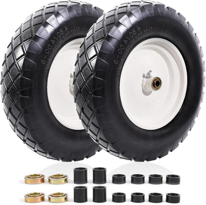 MZREXN 4.80/4.00-8" Flat Free Tire and Wheel, 16" Universal Solid Wheelbarrow Tires, with 5/8" & 3/4" Bearings, 3" Centered Hub for Hand Truck Garden Trailers Utility Cart Yard Wagon (2-PACK, White)
