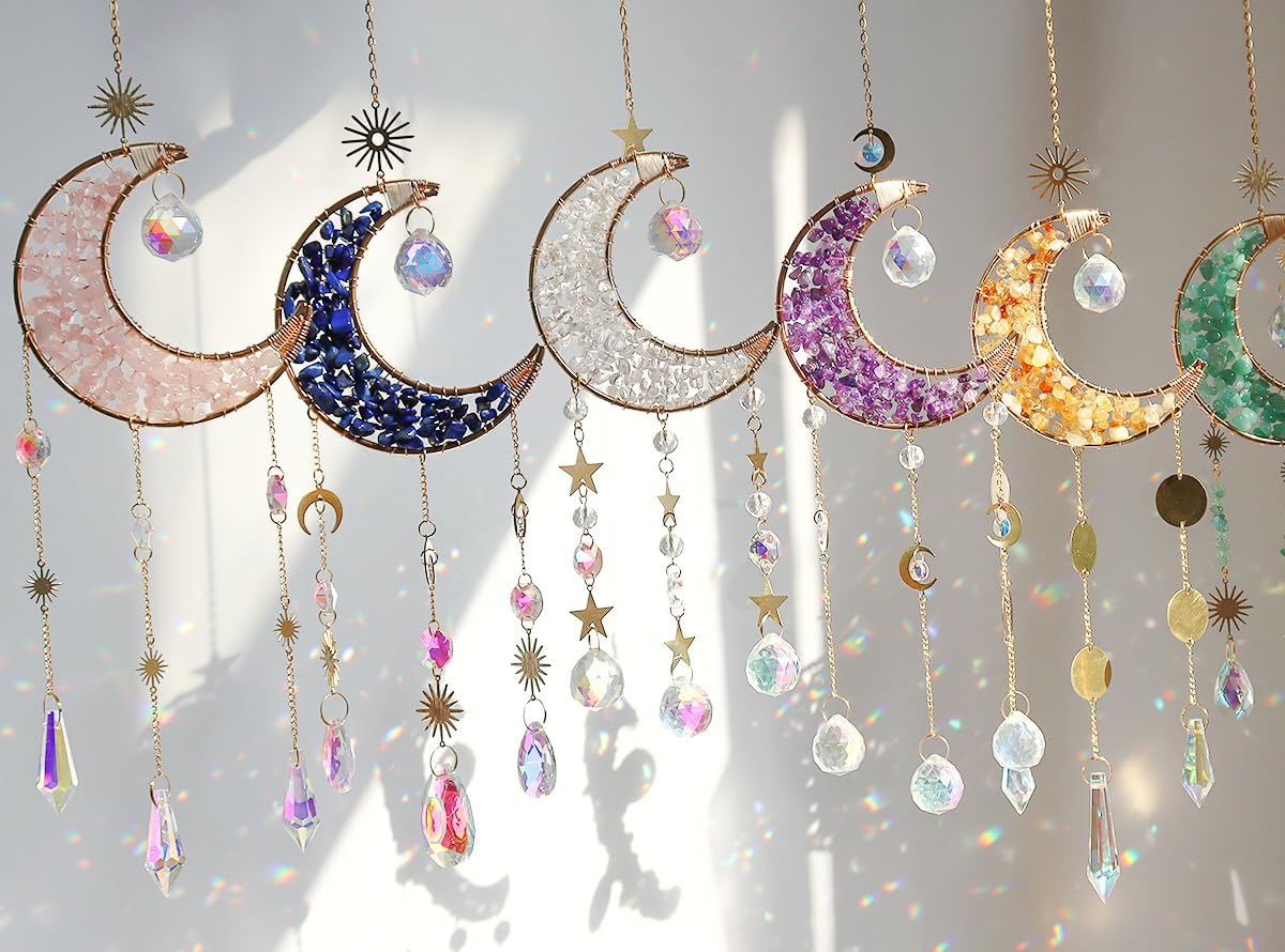 Moon Suncatcher Hanging Decor, Boho Chic Rose Quartz Crystal Sun Catcher, Spritual Sun Light Catcher for Windows, Crescent Moon Housewarming Gift (Rose Quartz)