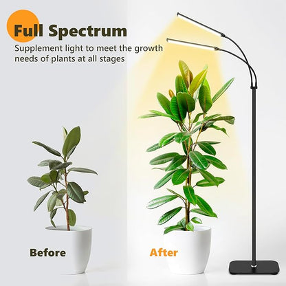 Plant Grow Light Dual Head, 40W Indoor Growing Lights,144LEDs Full Spectrum Wide Illumination Area, 63IN Adjustable Height Stand, 10 Dimmable, 3/9/12H Auto Timer, Floor Lamp for Plants Growth