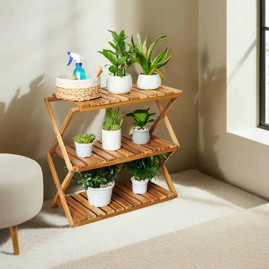 BEEFURNI Acacia Plant Stand Indoor, Wooden Outdoor Planter Stand, 3 Tier Succulent Shelf, Easy Assembly, Patio Balcony Sunroom Decor, Flower Garden Shelf, 1-year Manufacturer Warranty (Natural Wood)