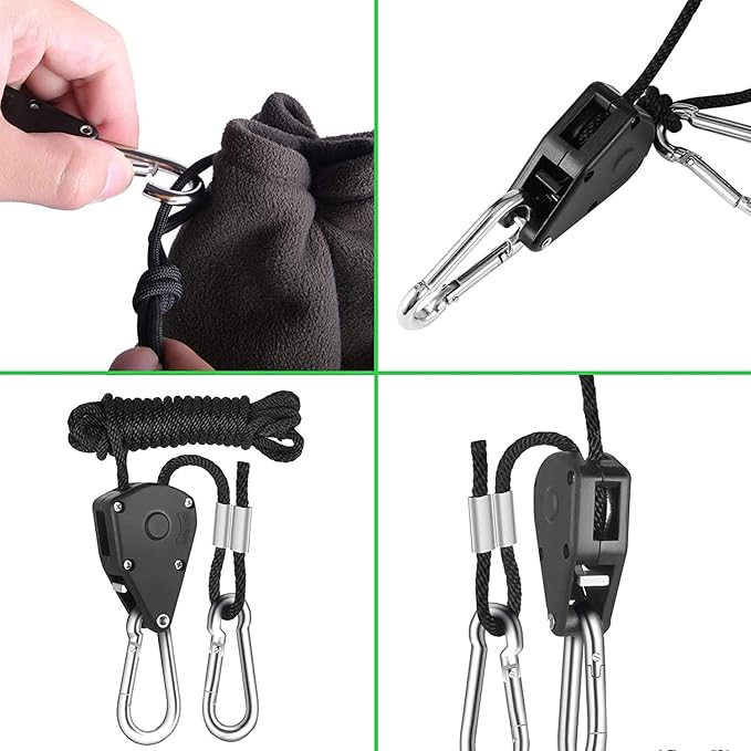 Rope Clip Hanger, 6 Packs 1/8 in Reinforced Adjustable Height Anti-Loose Design Gears Clip for Growing Light Fixtures, Hanging Plants, 8 FT Length 150lbs Weight Capacity