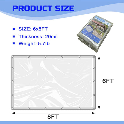 Clear Tarp 6 x 8FT, 20 Mil Clear Vinyl Tarp, Small Cover Plastic Sheeting with Grommets, Double-Stitched Reinforced Edges, Heavy Duty Tarps Waterproof and Tearproof