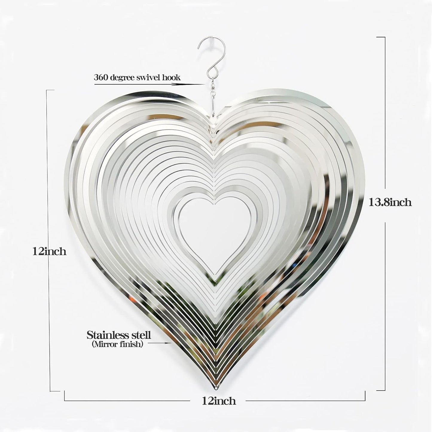 DJUAN Wind Spinner Outdoor Metal Decorations,Silver Heart Wind Spinners for Yard and Garden,Stainless Steel Wind Chimes for Outside Decor,Birthday Gifts for Mom,Mother's Day,Aunt Gifts