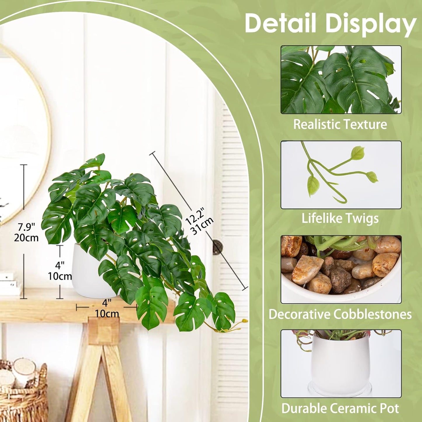 DILATATA Fake Plants Indoor 8 Inch Artificial Monstera Plant in White Ceramic Pot - Faux Potted Tropical Palm Plant for Home Aesthetic Decor Living Room Shelf Office