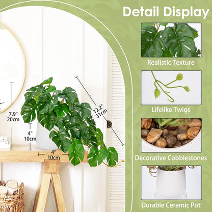 DILATATA Fake Plants Indoor 8 Inch Artificial Monstera Plant in White Ceramic Pot - Faux Potted Tropical Palm Plant for Home Aesthetic Decor Living Room Shelf Office