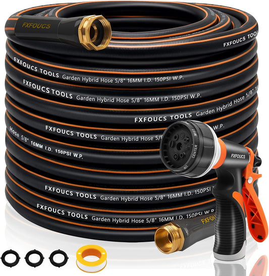 Heavy Duty Garden Hose – 5/8 Inch Flexible, Lightweight Hybrid Hose with 600 PSI Burst Pressure, Swivel Handle, and Durable Copper Male/Female Fittings (Black with hose sprayer, 100FT)