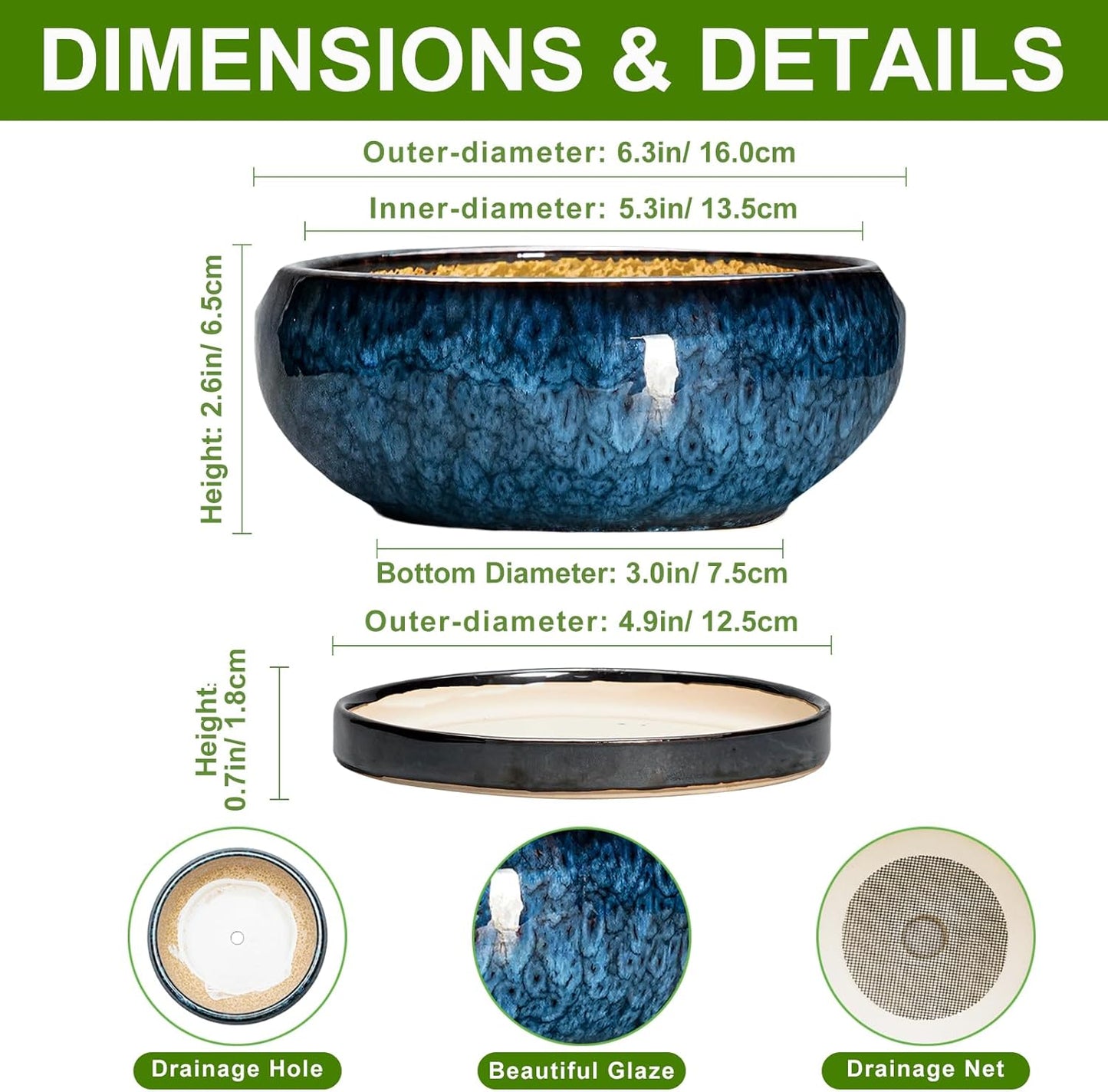 Succulent Pots - 6 Inch Ceramic Bonsai Pots with Drainage Hole and Saucer, Shallow Planter for Indoor Outdoor, Round Succulent Planter, Cactus Pot, Office Decor, Gifts for Plant Lovers, Blue