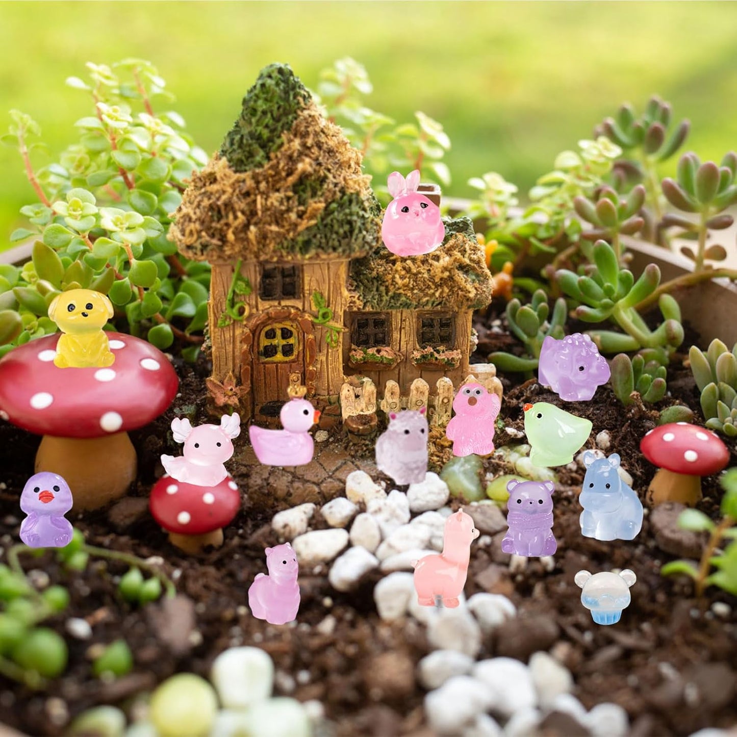 Luminous Mini Resin Animals 200 Pcs Tiny Resin Animals Figurines to Hide Mini Ducks Dinosaurs Glow in Dark for DIY Garden Miniatures Fairy Garden Accessories