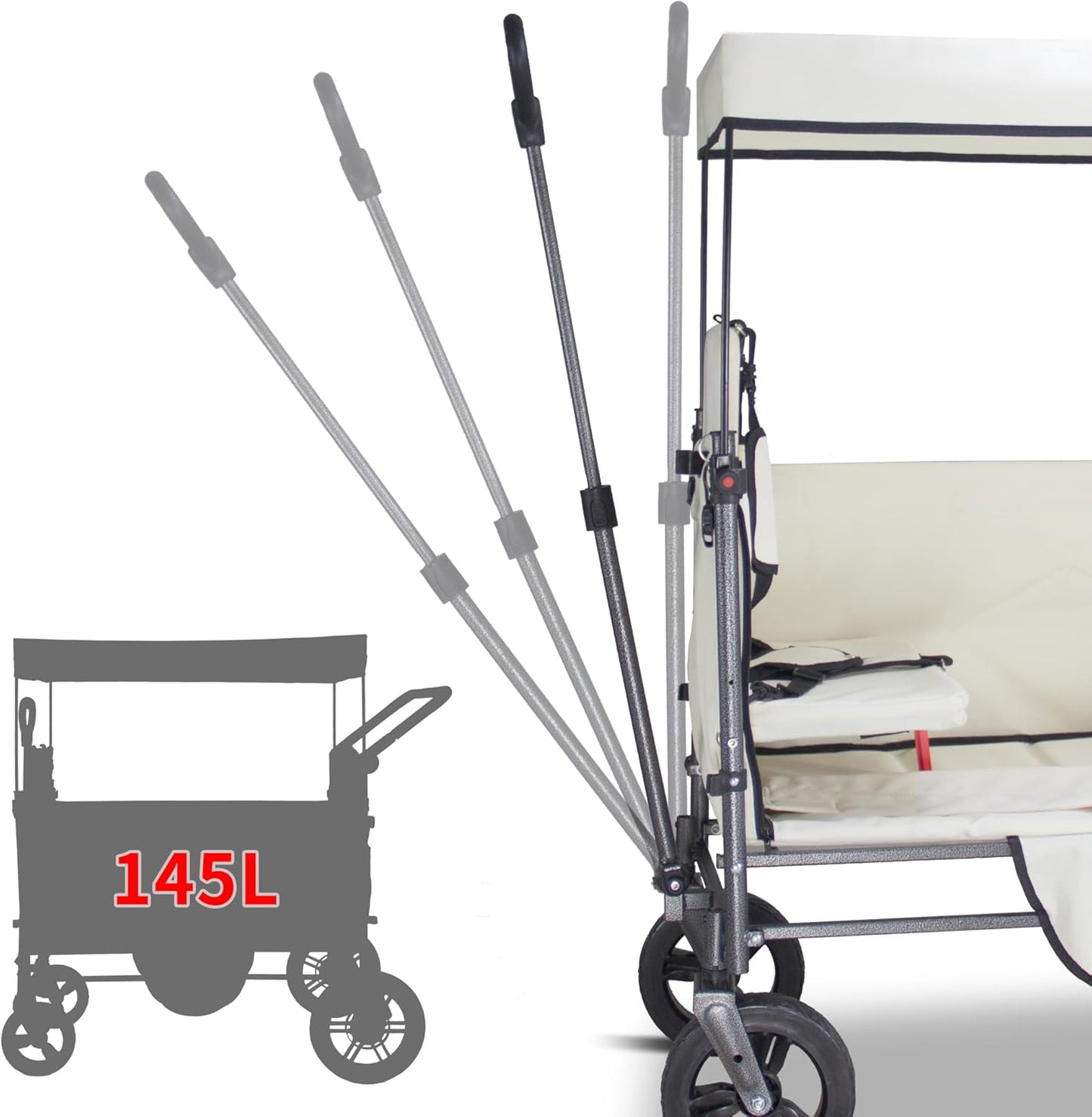 TMZ Collapsible Wagon Cart with Side-Opening Seat Conversion Design, Foldable Utility Wagon with 2 Seats, Heavy Duty Wagon 265 lbs Load Capacity (Beige)
