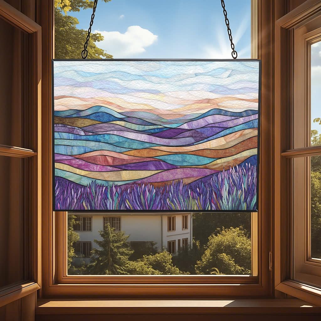 Personalized Rectangle Boho Lavender Hills Stained Glass Window Hangings Stained Glass Suncatcher Birthday Gift for Mom Grandma Teacher Women Friend Memorial Hook