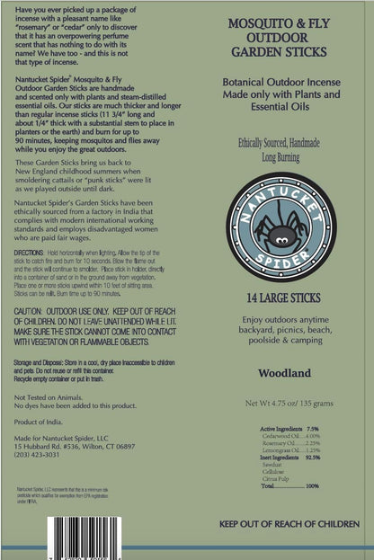 Nantucket Spider Mosquito Repellent Sticks 14 Pack and Holder | Repels Mosquitoes & Flies | Slate Block Holder | Outdoor Garden Natural Essential Oil Incense | Woodland Scent