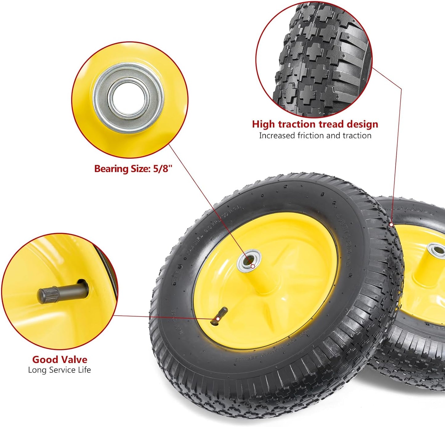 4.80/4.00-8 Tires and Wheels, Replacement Pneumatic Tires 15-Inch Wheel with 5/8" Bearings Compatible with Hand Truck, Wheelbarrow, Wagon, Gorilla Carts Tires(Yellow, 2PCS) P-097