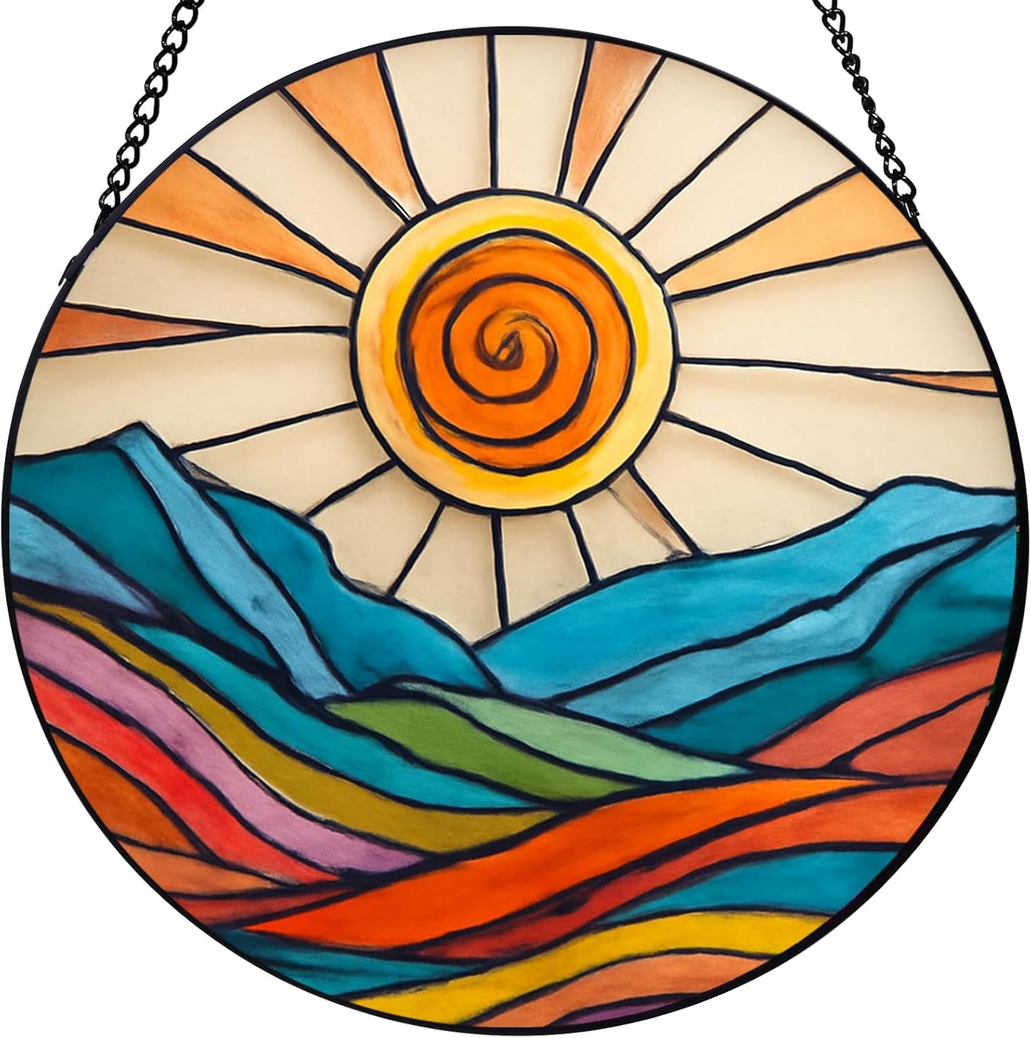 Stained Glass Window Hanging – Sunrise Sun Catcher Round Diamond Glass Panel, Abstract Ocean Window Decor, Suncatchers for Windows Hanging Gift for Women & Mom (12 Inch)