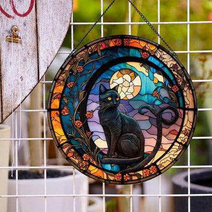 Black Cat Stained Glass Window Hangings,Suncatcher Stained Glass for Windows for Cat Lovers,20cm/7.87inch Hand-Painted Sun Catcher Garden Hangings Halloween Fall Christmas Decor for Home
