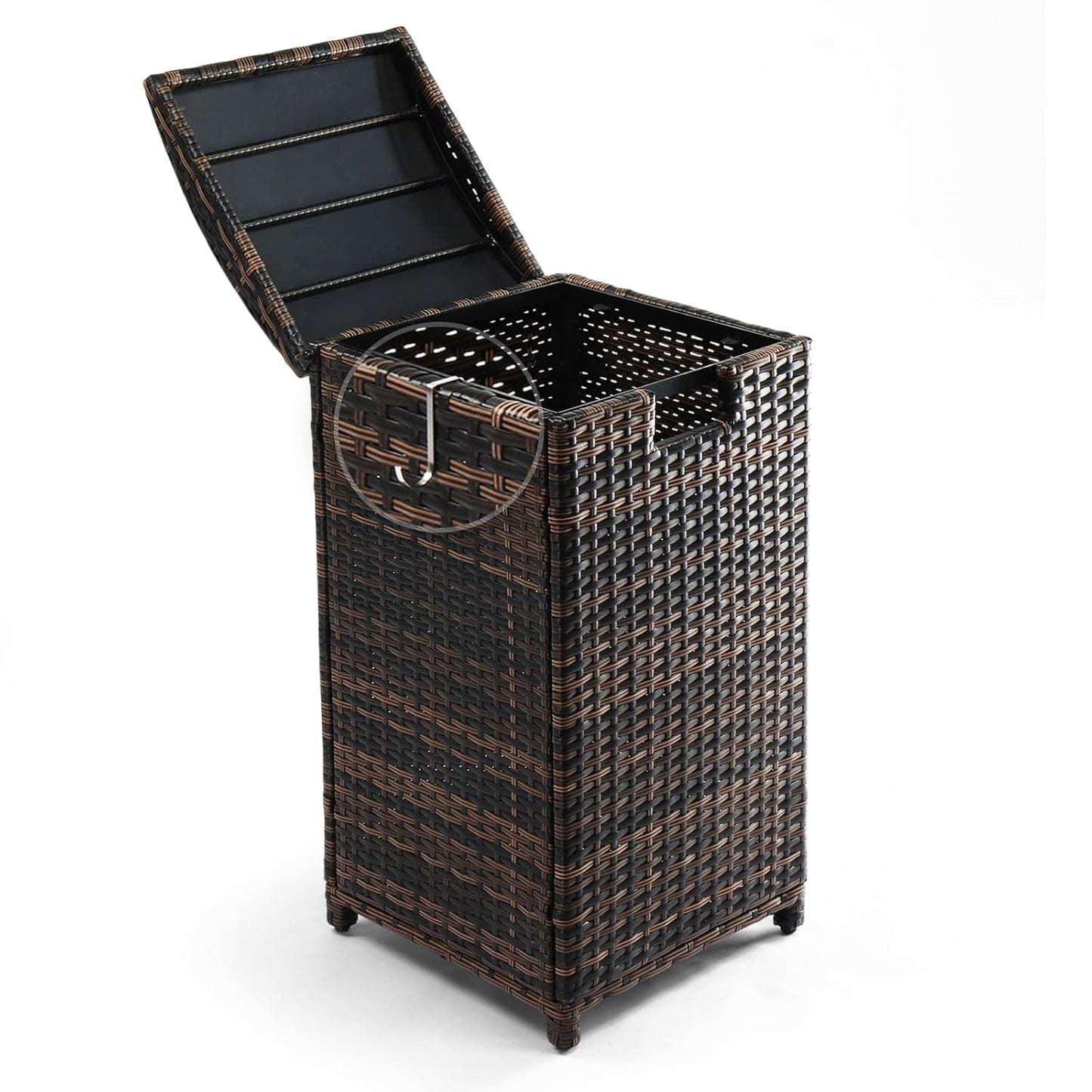 VINGLI 33 Gallon Outdoor Trash Can with Convenient Lid, Rattan Garbage Container with Side Hook, Weatherproof Patio Trash Can for Graden, Yard, Patio, Brown